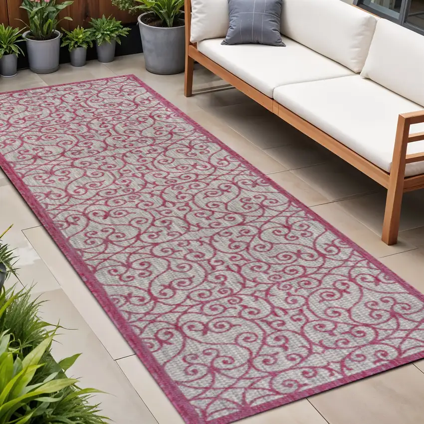 10' Light Gray And Fuchsia Geometric Indoor Outdoor Runner Rug Photo 1