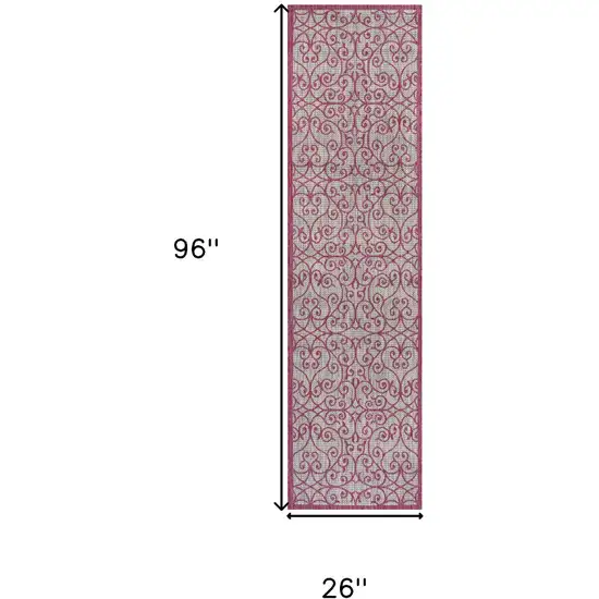 8' Light Gray And Fuchsia Geometric Indoor Outdoor Runner Rug Photo 8