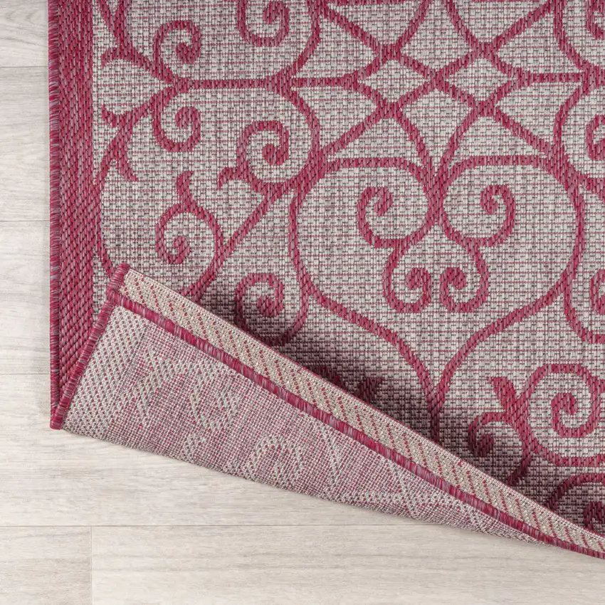 8' Light Gray And Fuchsia Geometric Indoor Outdoor Runner Rug Photo 9