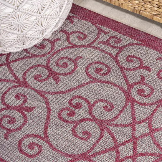 8' Light Gray And Fuchsia Geometric Indoor Outdoor Runner Rug Photo 7