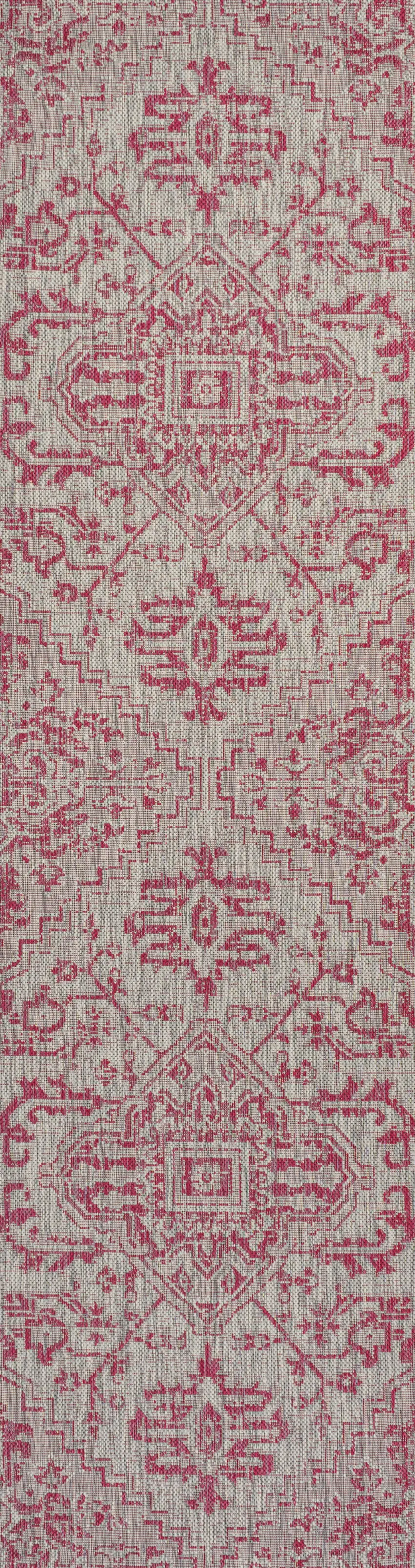 10' Light Gray And Fuchsia Medallion Indoor Outdoor Runner Rug Photo 3