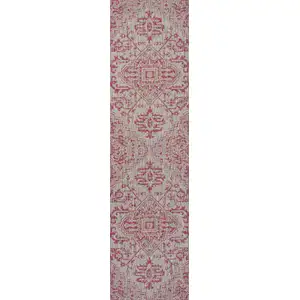 Photo of 10' Light Gray And Fuchsia Medallion Indoor Outdoor Runner Rug