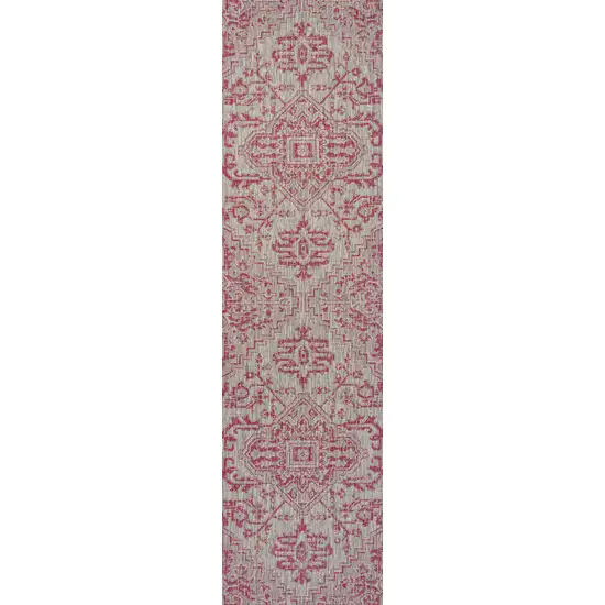 10' Light Gray And Fuchsia Medallion Indoor Outdoor Runner Rug Photo 1