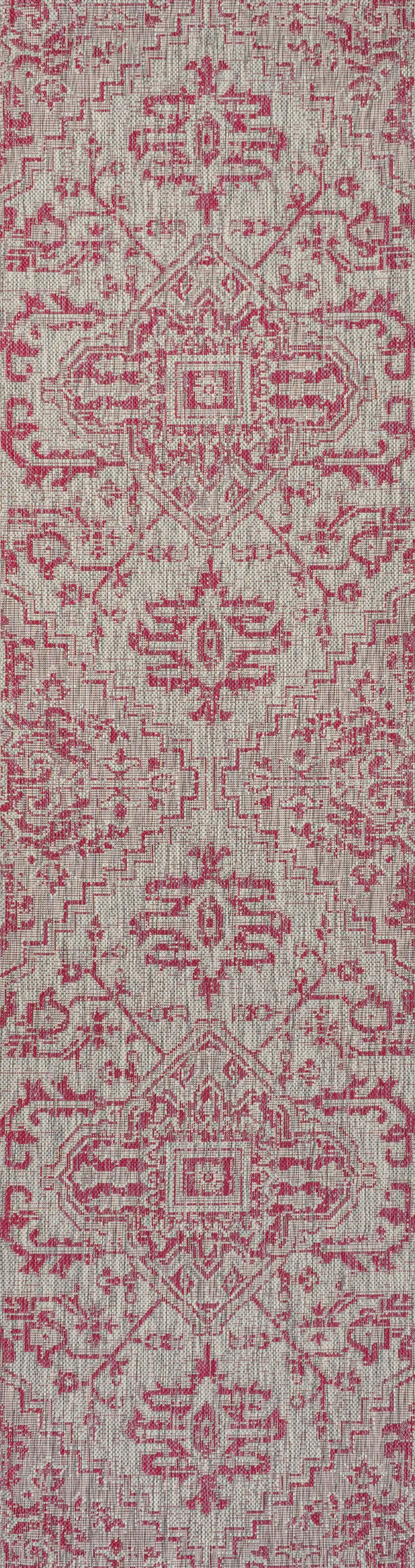 10' Light Gray And Fuchsia Medallion Indoor Outdoor Runner Rug Photo 1