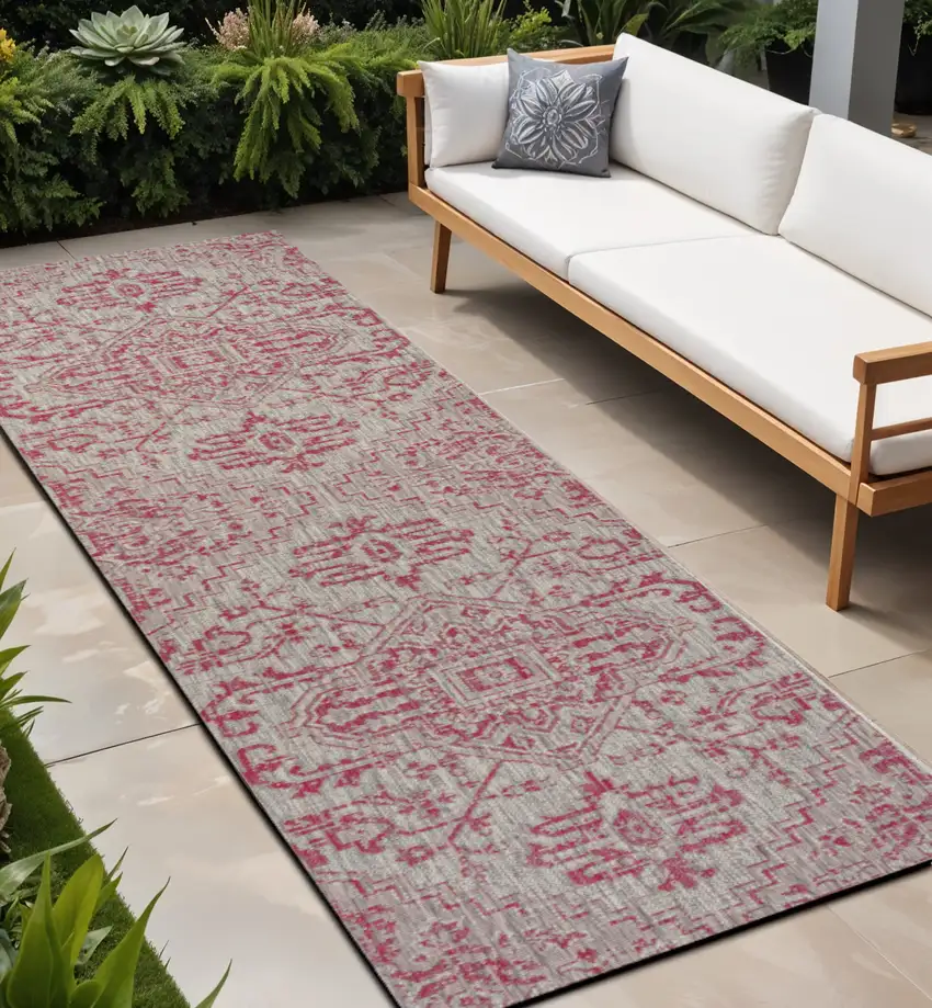 10' Light Gray And Fuchsia Medallion Indoor Outdoor Runner Rug Photo 1