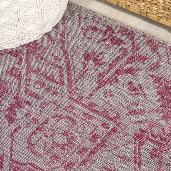 10' Light Gray And Fuchsia Medallion Indoor Outdoor Runner Rug Photo 9