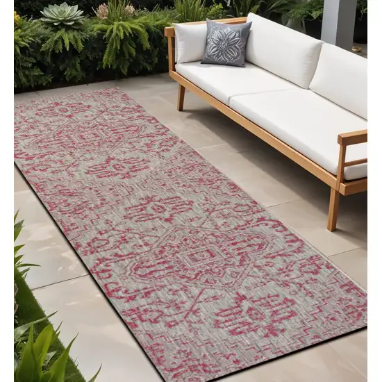 8' Light Gray And Fuchsia Medallion Indoor Outdoor Runner Rug Photo 1