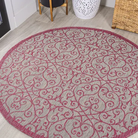 5' Light Gray And Fuchsia Round Geometric Indoor Outdoor Area Rug Photo 4