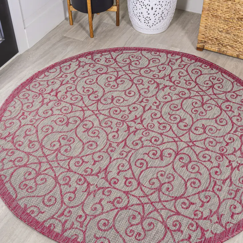 5' Light Gray And Fuchsia Round Geometric Indoor Outdoor Area Rug Photo 4
