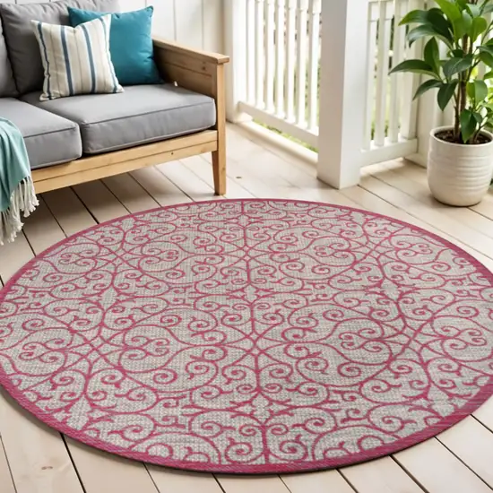 5' Light Gray And Fuchsia Round Geometric Indoor Outdoor Area Rug Photo 1