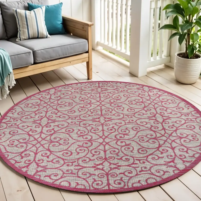5' Light Gray And Fuchsia Round Geometric Indoor Outdoor Area Rug Photo 1
