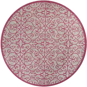 Photo of 5' Light Gray And Fuchsia Round Geometric Indoor Outdoor Area Rug