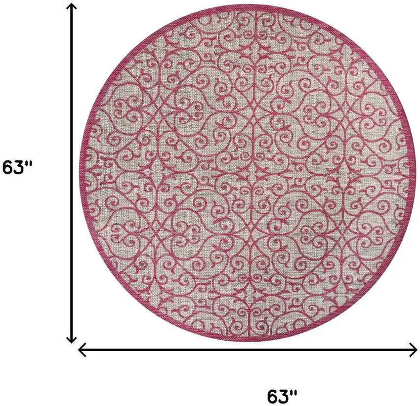 5' Light Gray And Fuchsia Round Geometric Indoor Outdoor Area Rug Photo 9