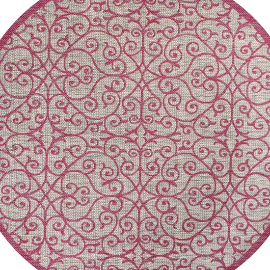 5' Light Gray And Fuchsia Round Geometric Indoor Outdoor Area Rug Photo 2
