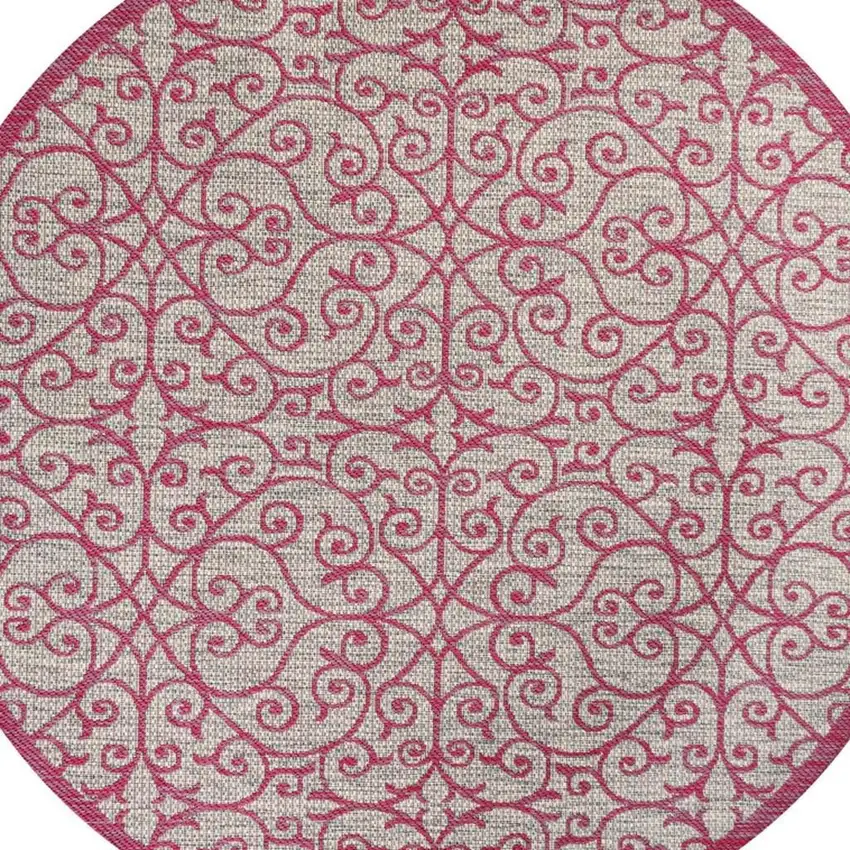 5' Light Gray And Fuchsia Round Geometric Indoor Outdoor Area Rug Photo 2