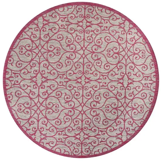 5' Light Gray And Fuchsia Round Geometric Indoor Outdoor Area Rug Photo 3