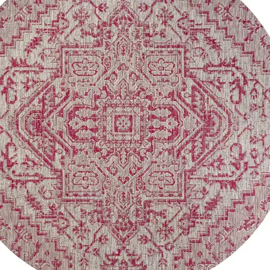 5' Light Gray And Fuchsia Round Medallion Indoor Outdoor Area Rug Photo 2