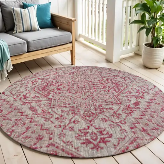 5' Light Gray And Fuchsia Round Medallion Indoor Outdoor Area Rug Photo 1