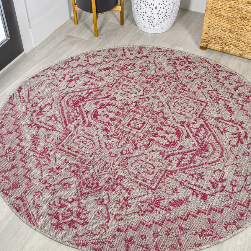 5' Light Gray And Fuchsia Round Medallion Indoor Outdoor Area Rug Photo 4