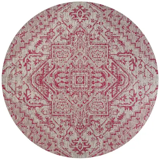 5' Light Gray And Fuchsia Round Medallion Indoor Outdoor Area Rug Photo 3