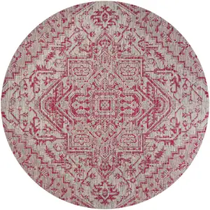 Photo of 5' Light Gray And Fuchsia Round Medallion Indoor Outdoor Area Rug