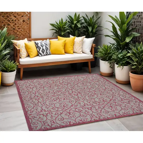 5' Light Gray And Fuchsia Square Geometric Indoor Outdoor Area Rug Photo 1