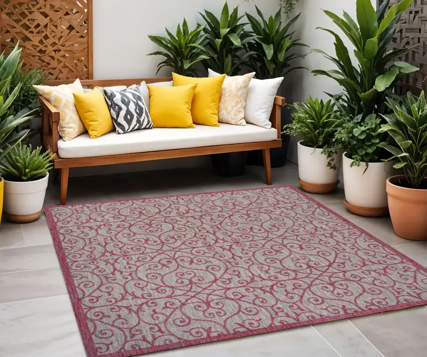 5' Light Gray And Fuchsia Square Geometric Indoor Outdoor Area Rug Photo 1