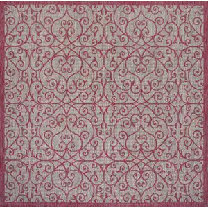 Photo of 5' Light Gray And Fuchsia Square Geometric Indoor Outdoor Area Rug