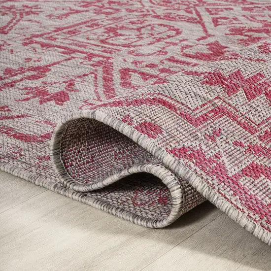 5' Light Gray And Fuchsia Square Medallion Indoor Outdoor Area Rug Photo 9