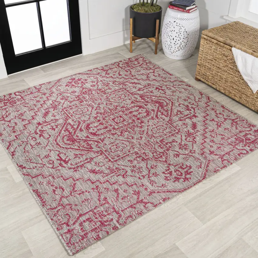 5' Light Gray And Fuchsia Square Medallion Indoor Outdoor Area Rug Photo 4