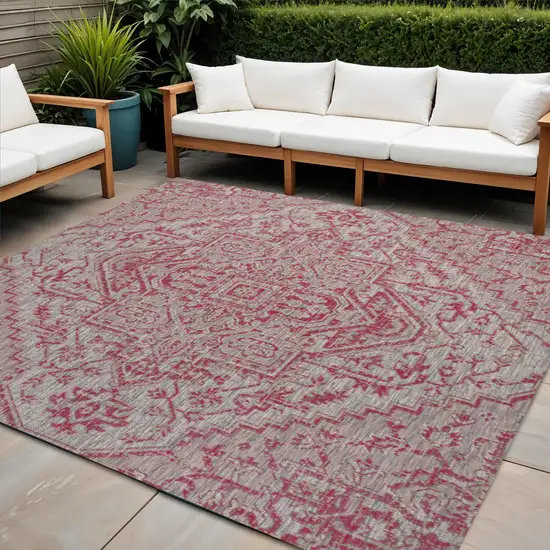 5' Light Gray And Fuchsia Square Medallion Indoor Outdoor Area Rug Photo 1