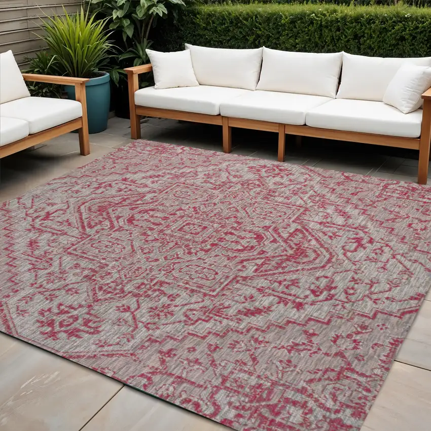 5' Light Gray And Fuchsia Square Medallion Indoor Outdoor Area Rug Photo 1