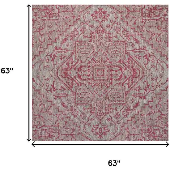 5' Light Gray And Fuchsia Square Medallion Indoor Outdoor Area Rug Photo 9