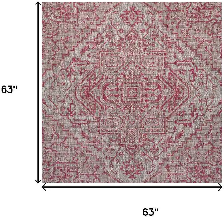 5' Light Gray And Fuchsia Square Medallion Indoor Outdoor Area Rug Photo 9