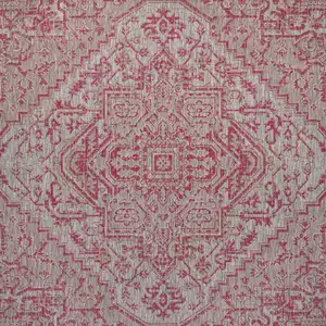 Photo of 5' Light Gray And Fuchsia Square Medallion Indoor Outdoor Area Rug