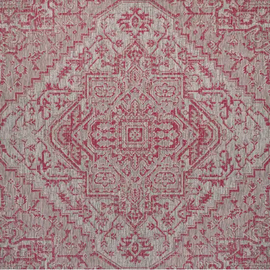 5' Light Gray And Fuchsia Square Medallion Indoor Outdoor Area Rug Photo 1