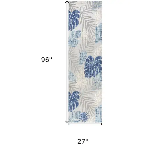 8' Light Gray And Navy Blue Floral Indoor Outdoor Runner Rug Photo 3