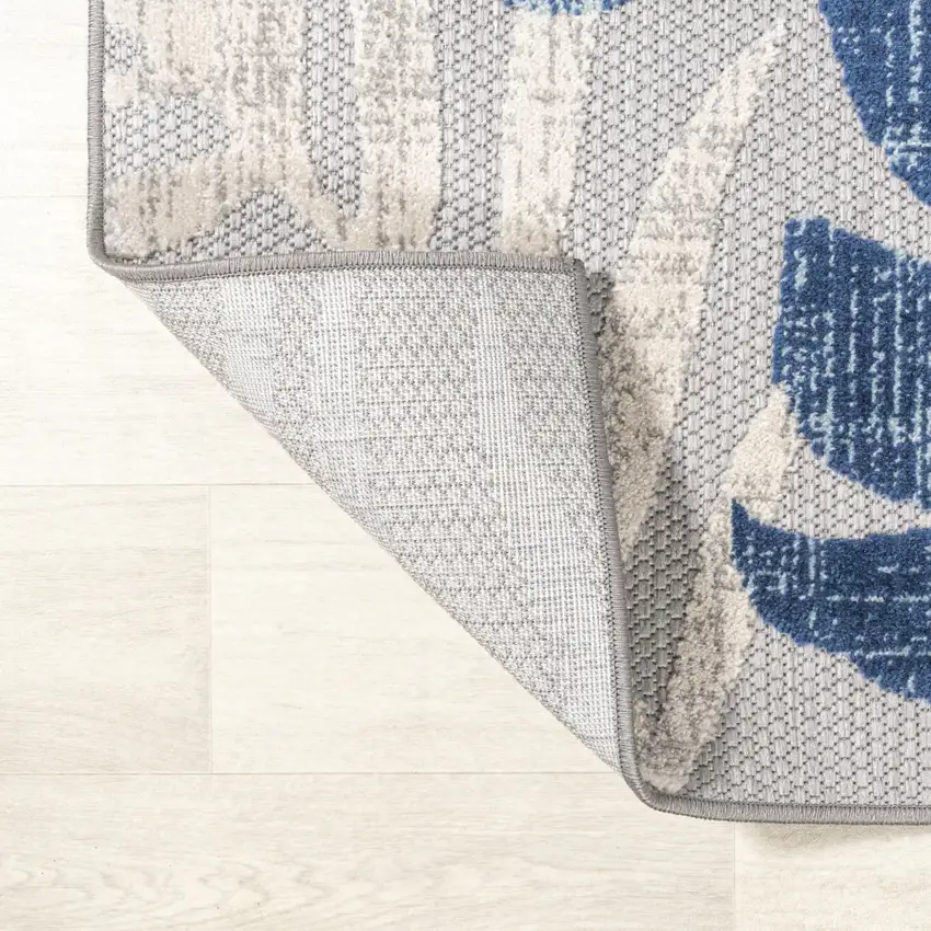 8' Light Gray And Navy Blue Floral Indoor Outdoor Runner Rug Photo 8