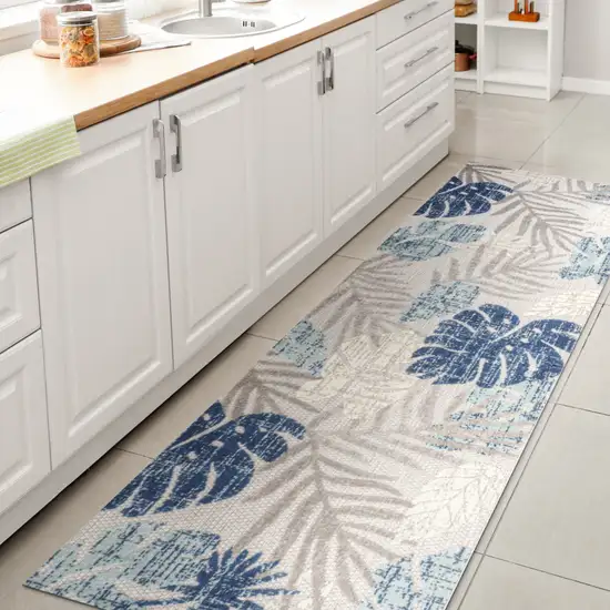 8' Light Gray And Navy Blue Floral Indoor Outdoor Runner Rug Photo 6