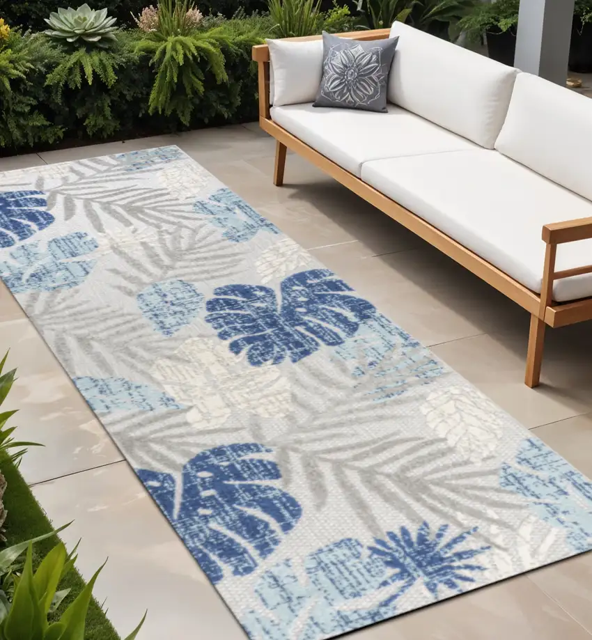8' Light Gray And Navy Blue Floral Indoor Outdoor Runner Rug Photo 1