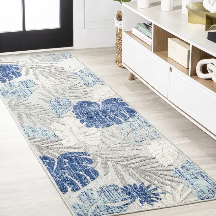 8' Light Gray And Navy Blue Floral Indoor Outdoor Runner Rug Photo 4