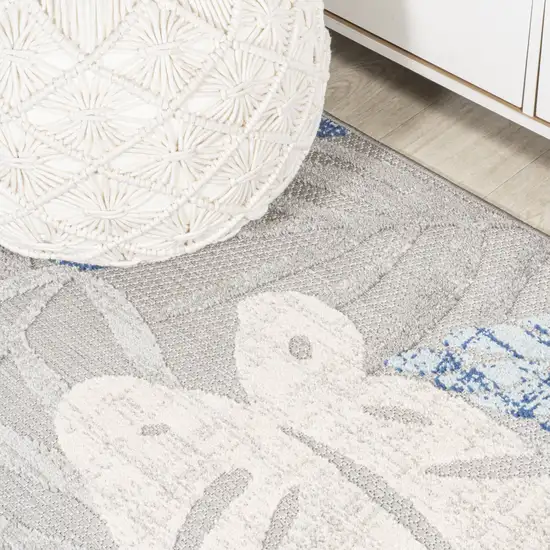 8' Light Gray And Navy Blue Floral Indoor Outdoor Runner Rug Photo 9