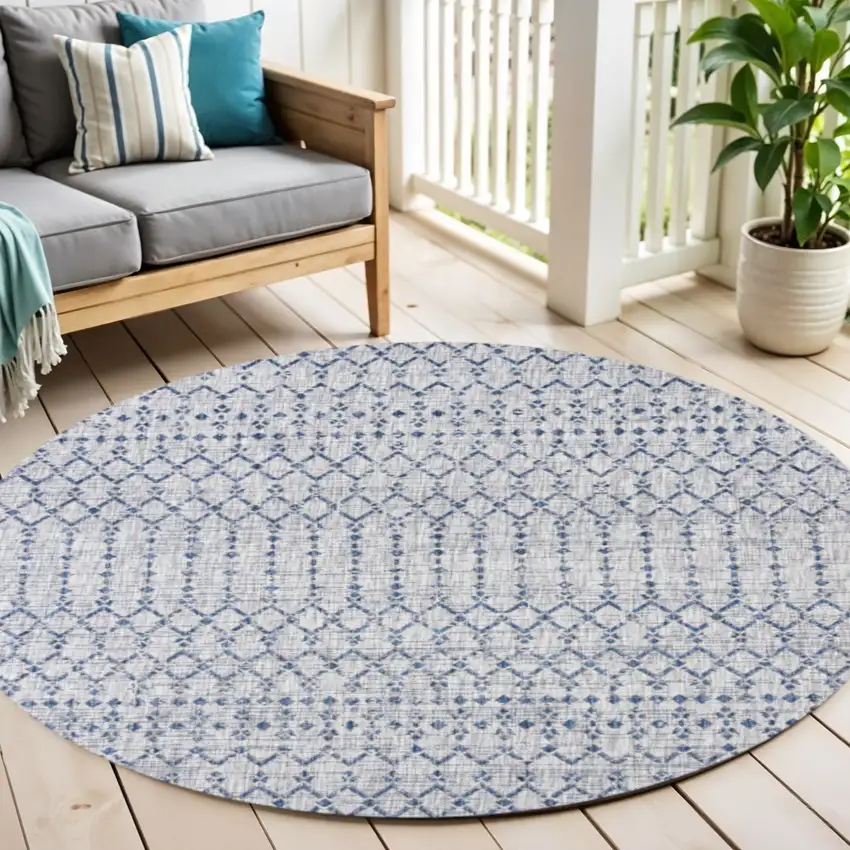 9' Light Gray And Navy Blue Round Trellis Indoor Outdoor Area Rug Photo 1