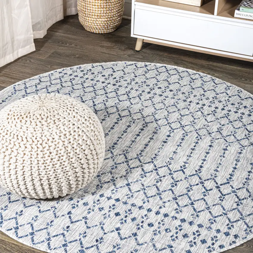 9' Light Gray And Navy Blue Round Trellis Indoor Outdoor Area Rug Photo 4