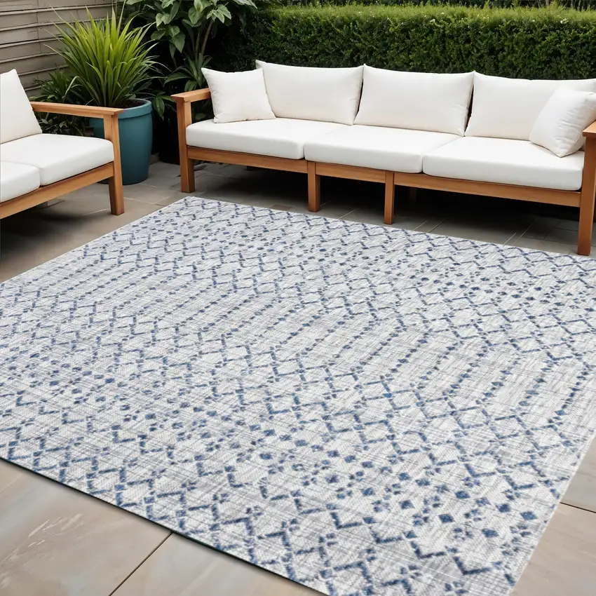 3' Light Gray And Navy Blue Square Trellis Indoor Outdoor Area Rug Photo 1