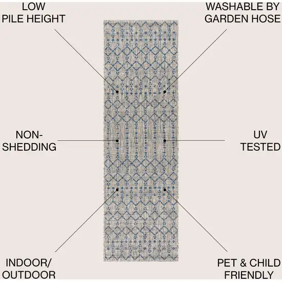 20' Light Gray And Navy Blue Trellis Indoor Outdoor Runner Rug Photo 9