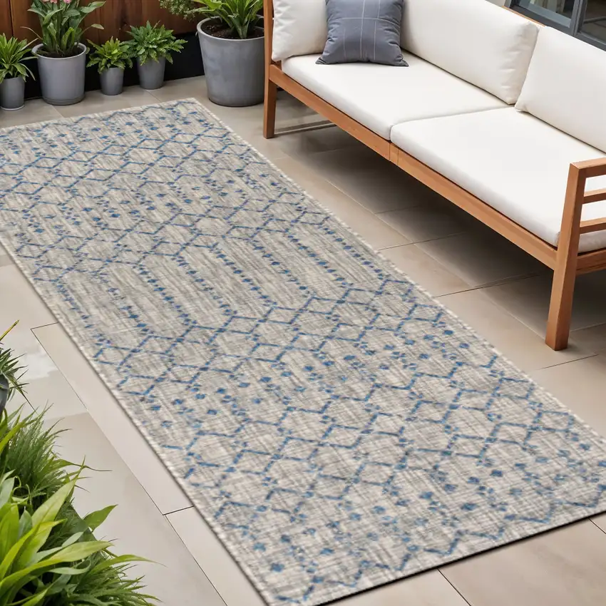 20' Light Gray And Navy Blue Trellis Indoor Outdoor Runner Rug Photo 1