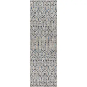 Photo of 20' Light Gray And Navy Blue Trellis Indoor Outdoor Runner Rug