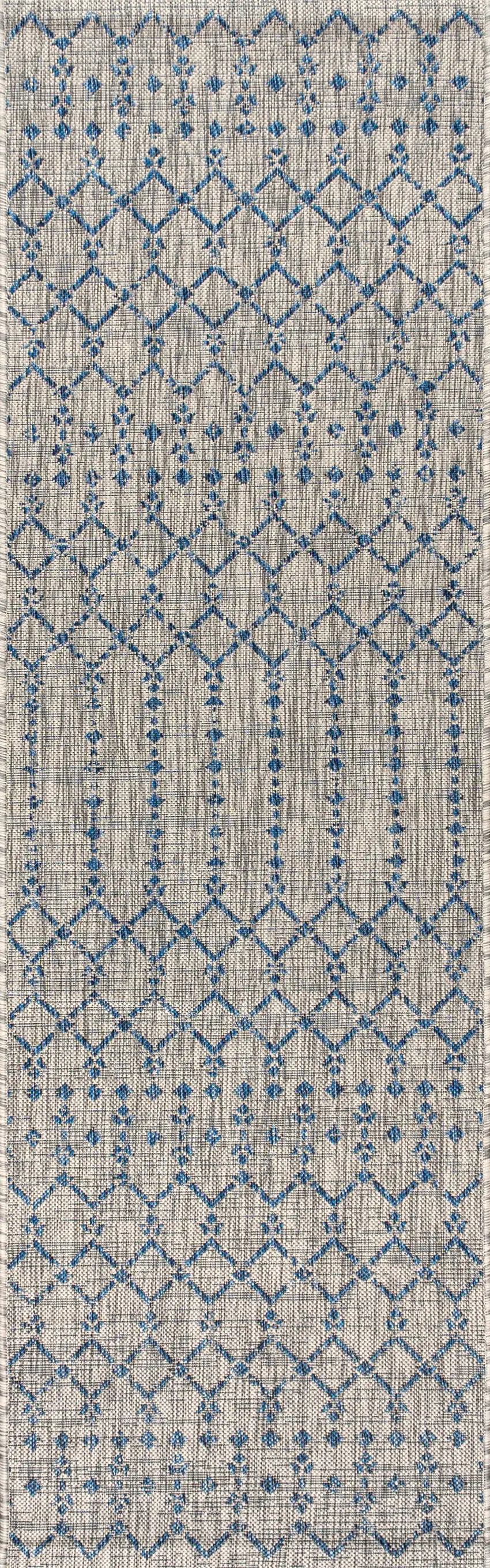 20' Light Gray And Navy Blue Trellis Indoor Outdoor Runner Rug Photo 1