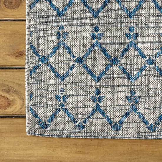 20' Light Gray And Navy Blue Trellis Indoor Outdoor Runner Rug Photo 6